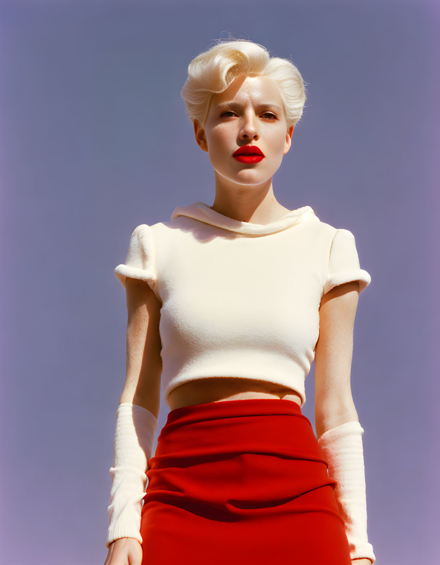 Platinum Blonde Woman in Red and White Outfit