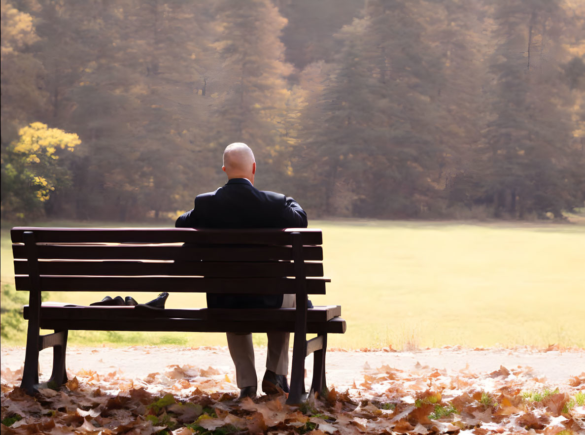 Lonely figure on park bench amid fallen leaves in autumn forest.