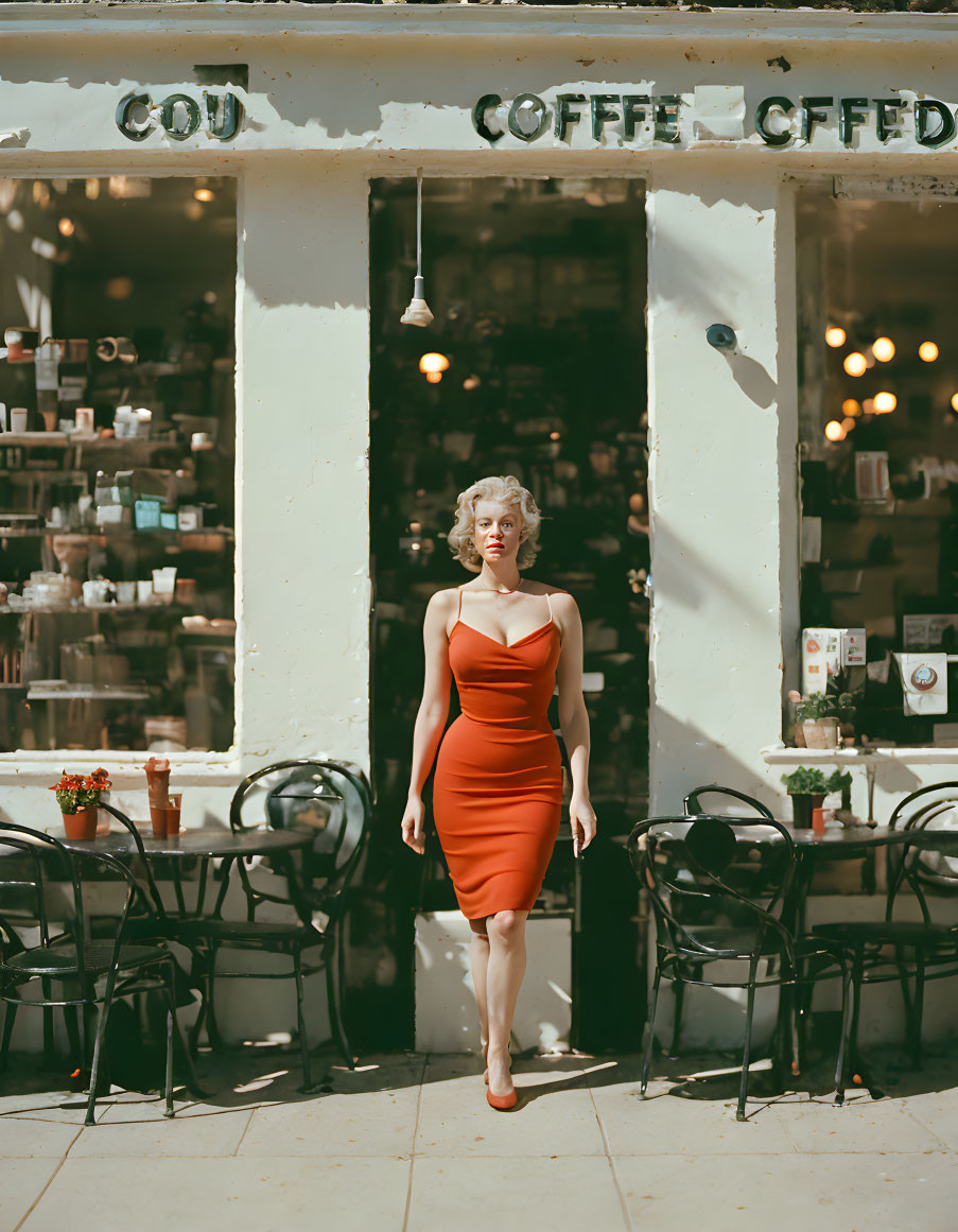 Woman in Red Dress Outside Coffee Shop with Bright Interior