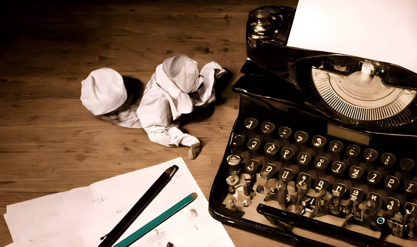 Vintage Typewriter, Paper, Crumpled Sheets & Writing Utensils on Wooden Desk