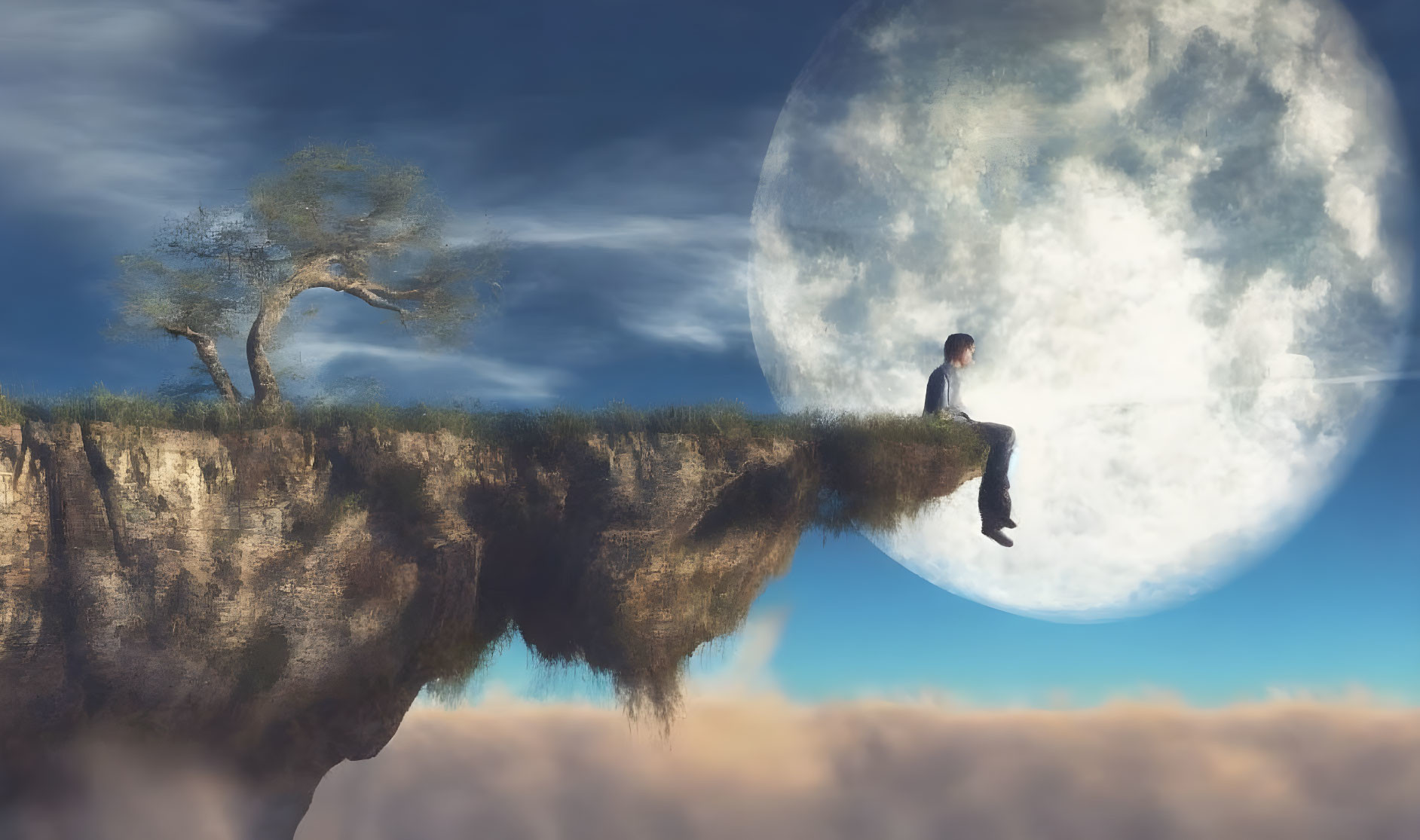 Person sitting on floating cliff under tree in surreal dreamscape