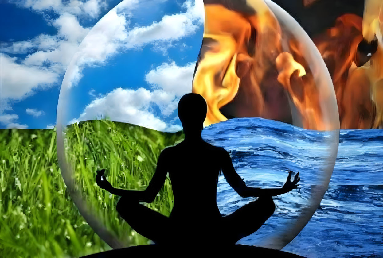 Silhouette of person meditating with elemental background quadrants