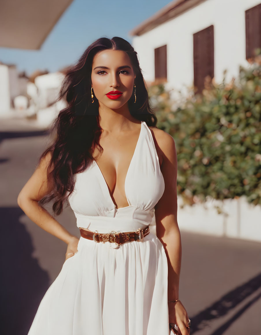 Woman in White Dress with Plunging Neckline and Gold Belt, Red Lipstick, and Gold