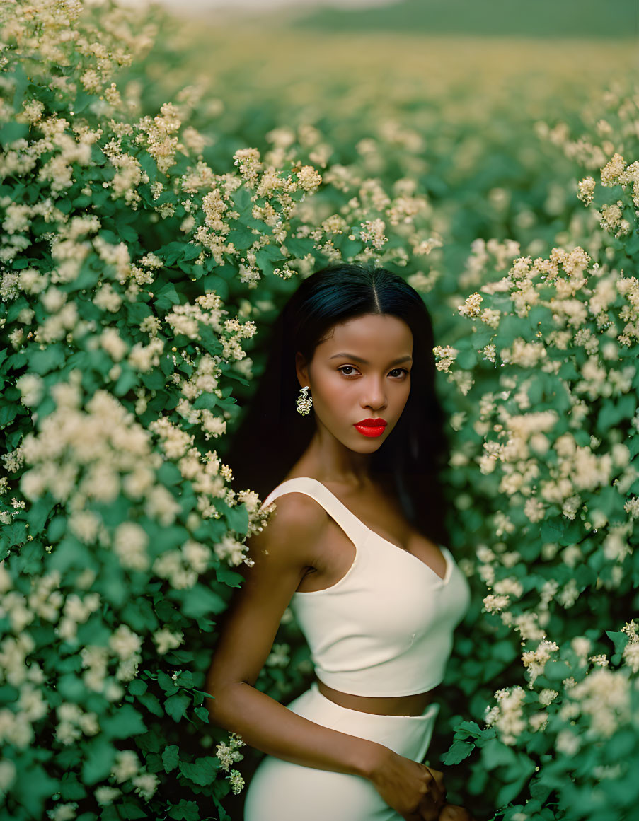 Woman in white dress with red lipstick among blooming shrubs