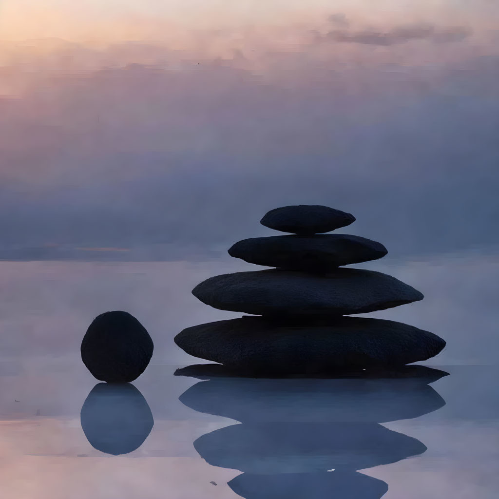 Tranquil twilight scene with dark stacked stones above water