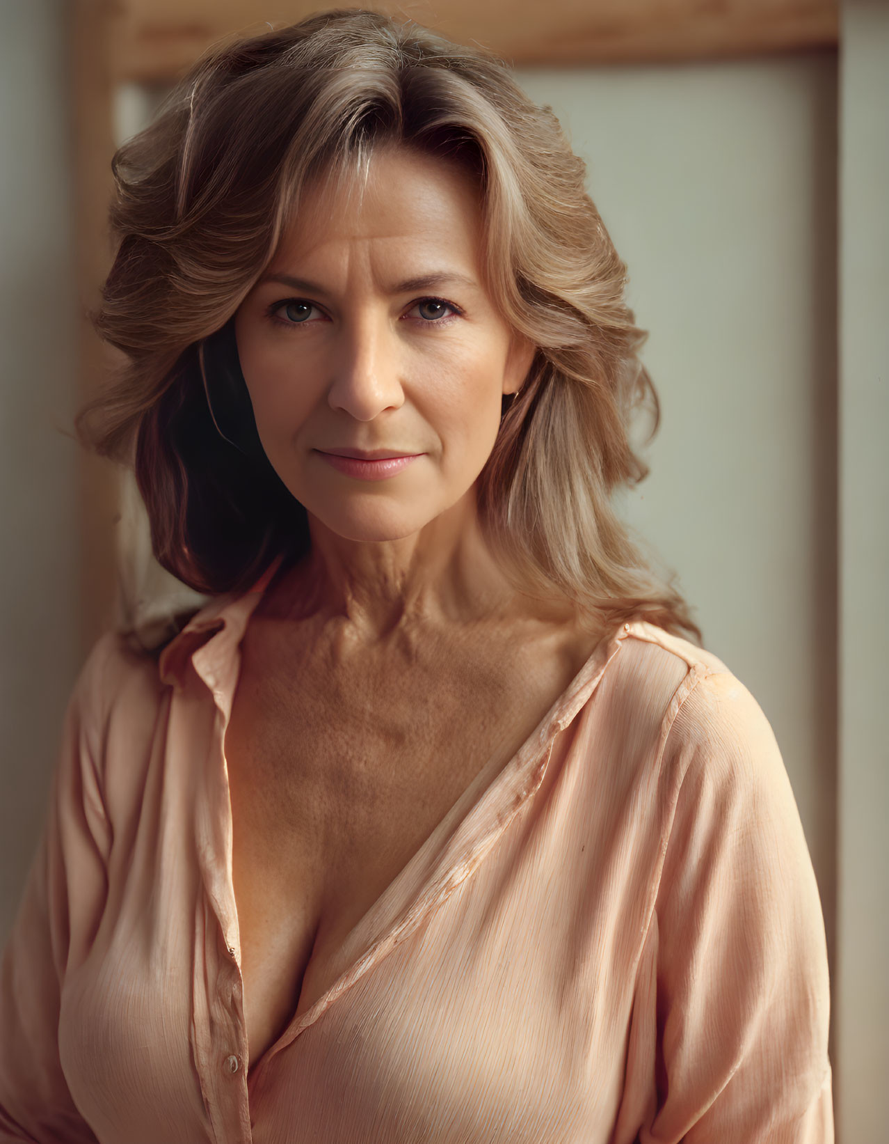 Woman with Medium Wavy Hair in Peach Blouse Gazes Confidently