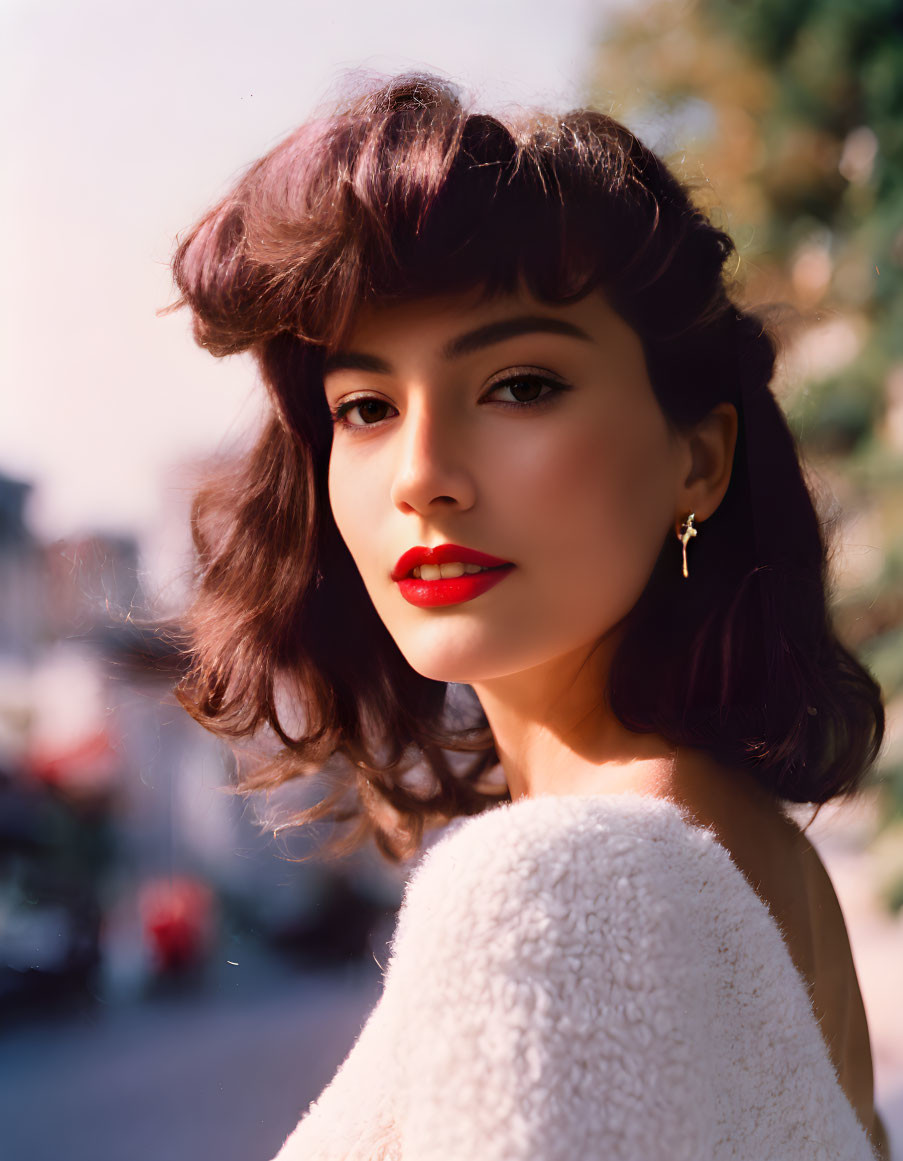 Woman with Short Brown Hair in White Fluffy Outfit and Red Lipstick