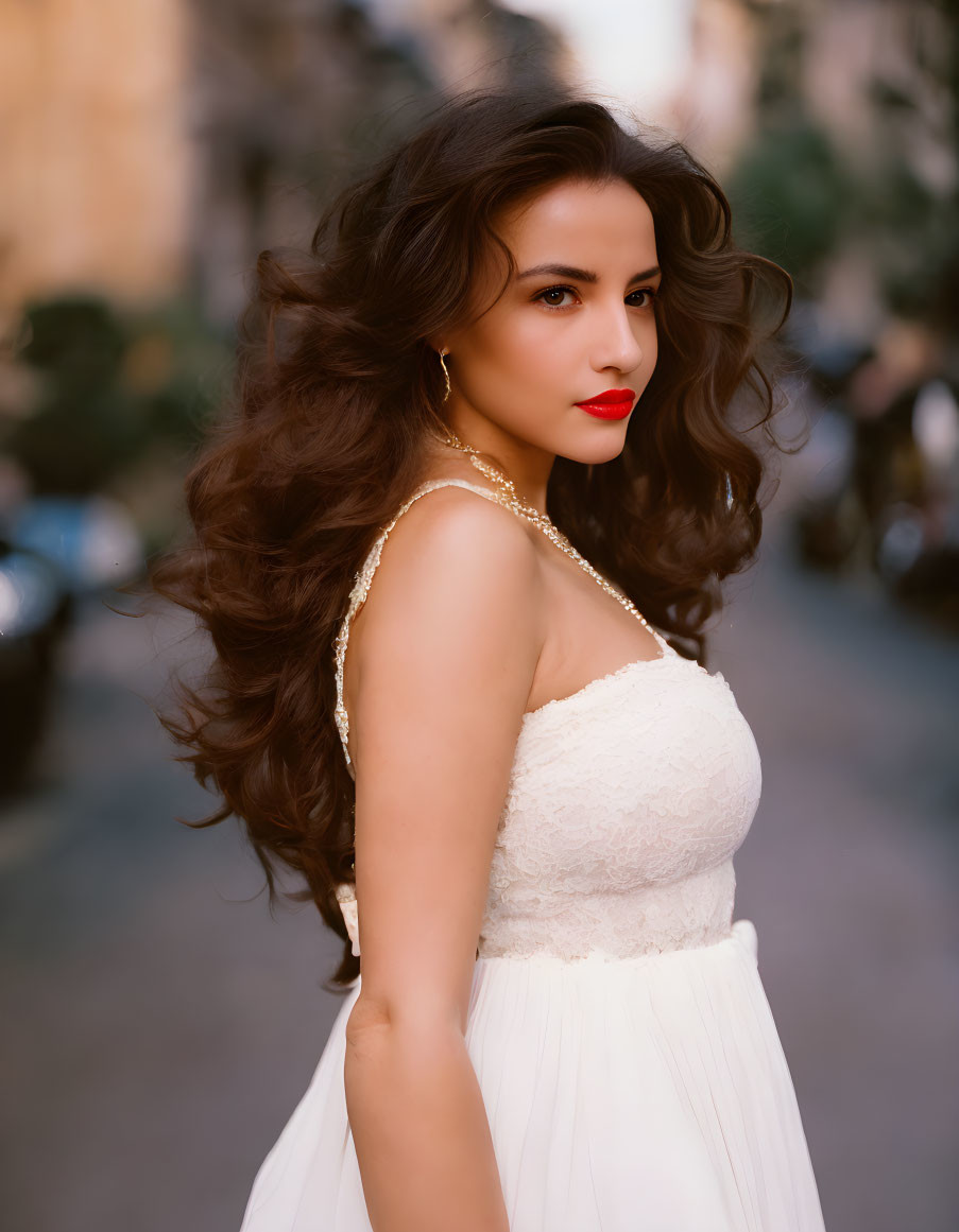 Curly-Haired Woman in White Dress and Red Lipstick on City Street