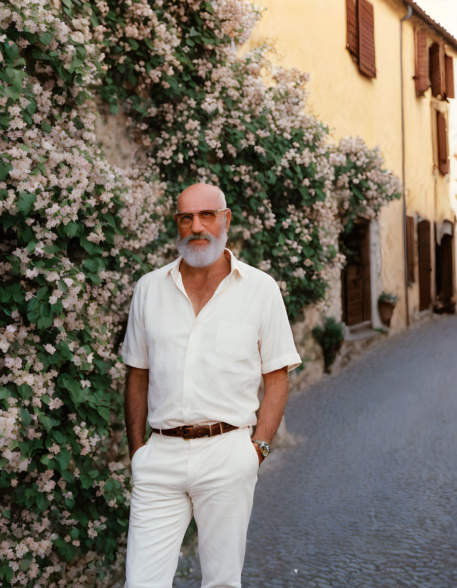 Bald man with beard in white outfit near pink flowers on cobblestone street