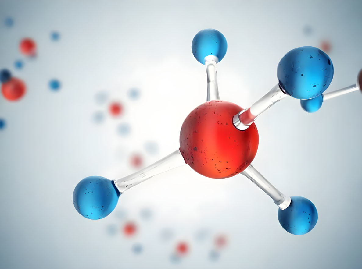 Detailed 3D illustration of water molecule with red oxygen and blue hydrogen atoms connected by stick bonds surrounded