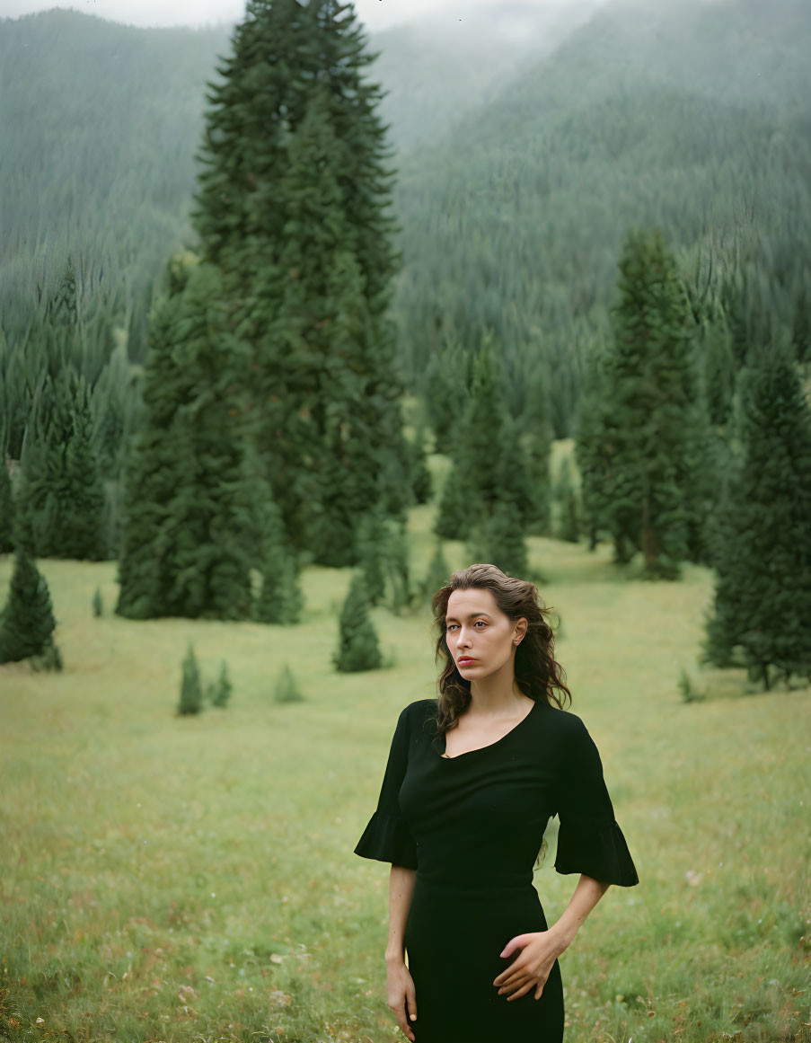 Woman in black dress in lush forest clearing with tall pine trees and overcast skies