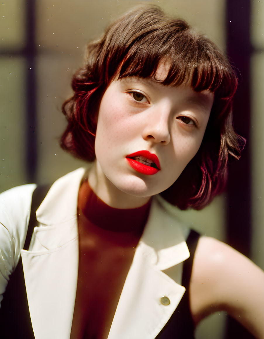 Bob-Haired Woman in White Collar Garment with Red Lipstick