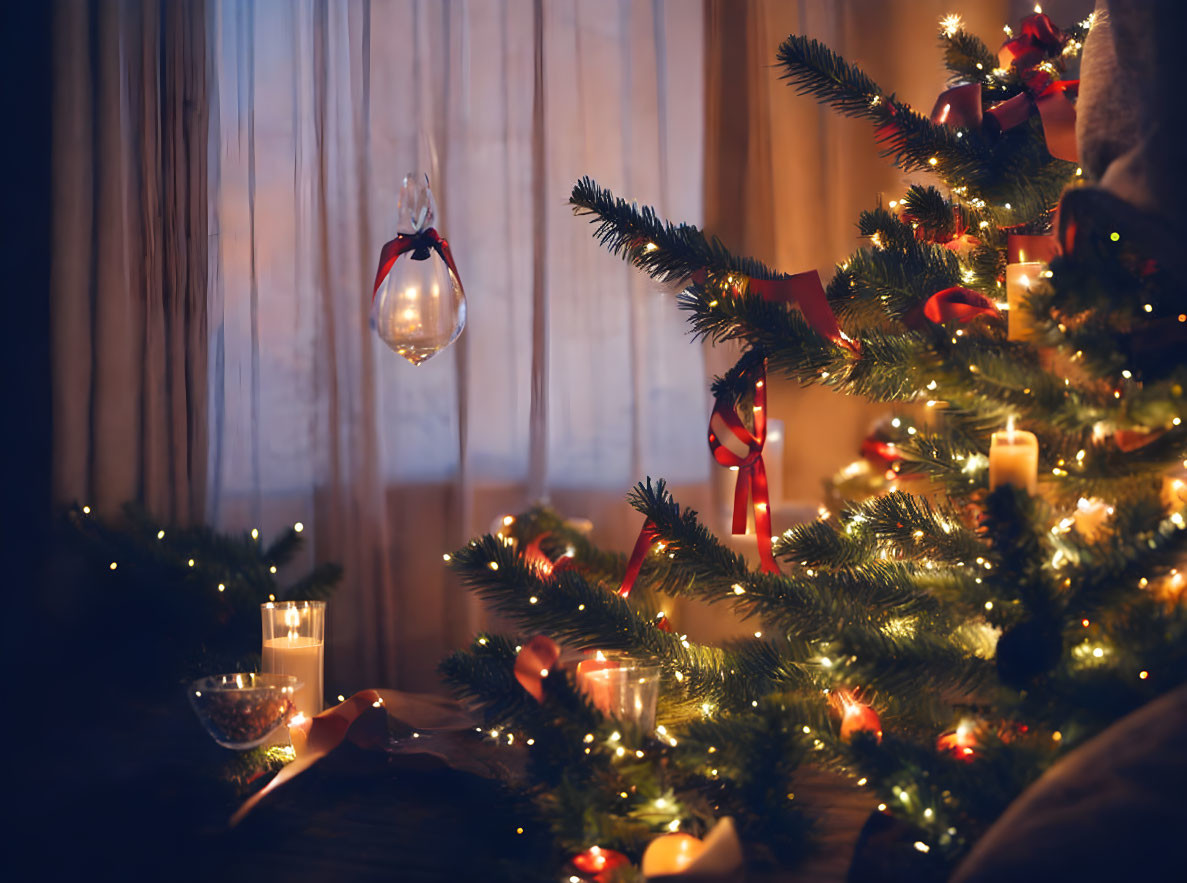 Festive Christmas scene with decorated tree, glowing lights, and candles at dusk