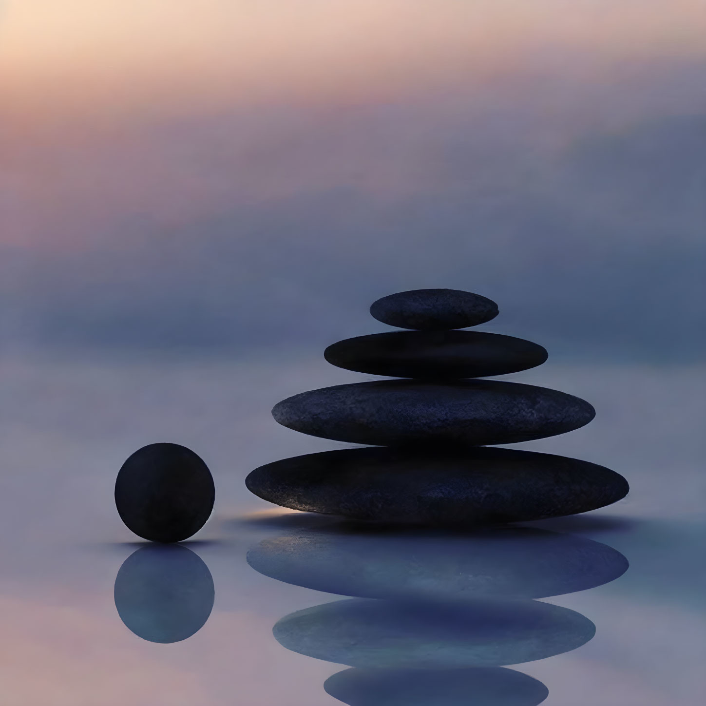 Seven Smooth Dark Stones Balanced Near Still Water with Purple and Pink Background