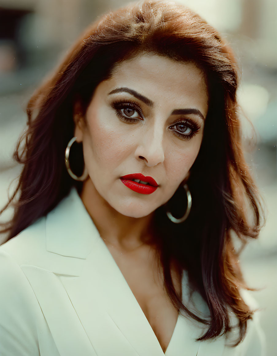 Woman in White Blazer with Red Lipstick and Hoop Earrings gazes intensely.