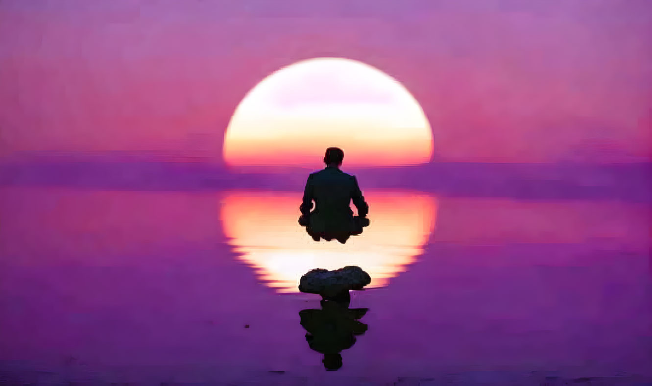 Silhouetted person meditating at sunset over tranquil water