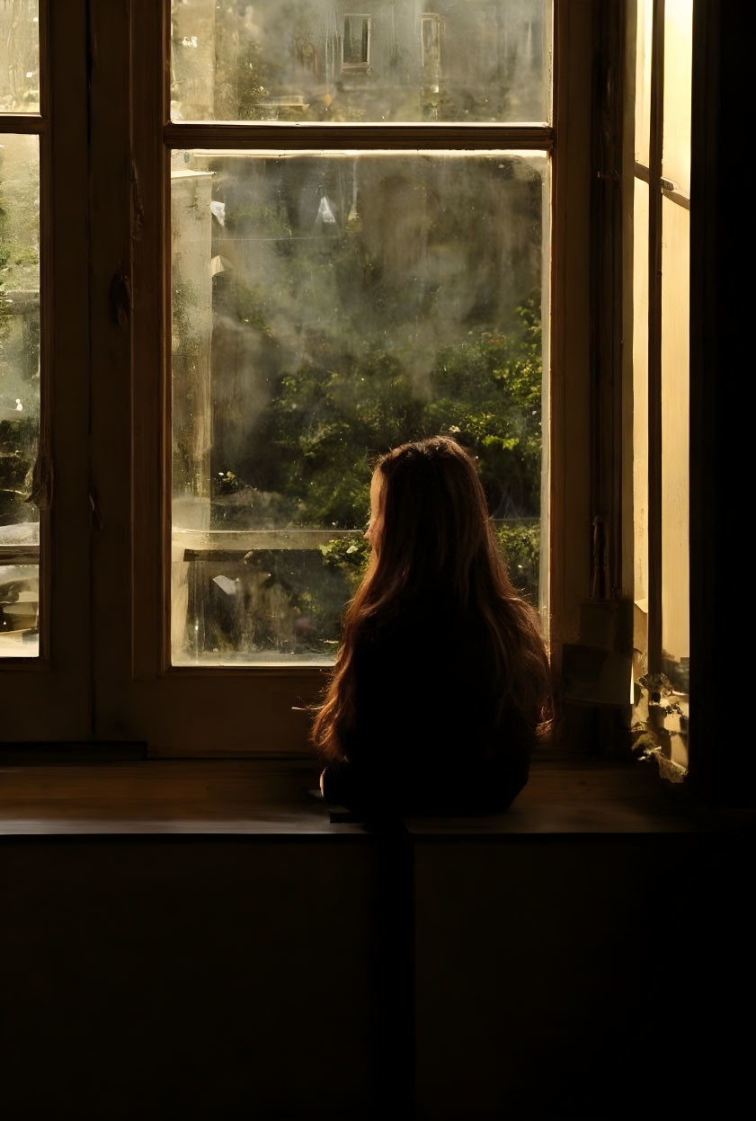 Person with Long Hair Silhouetted by Sunlit Window and Trees