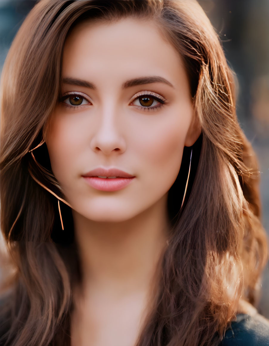 Portrait of woman with long brown hair and hoop earrings against blurred background