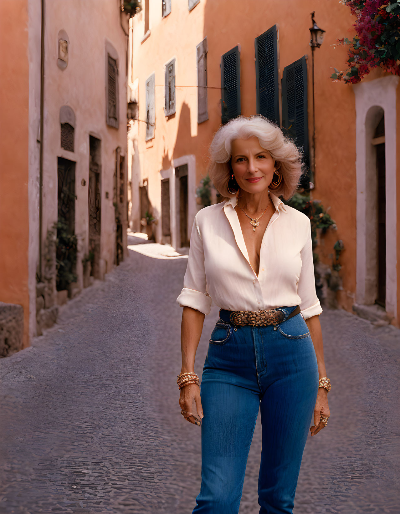 White-haired woman in stylish outfit on cobblestone street