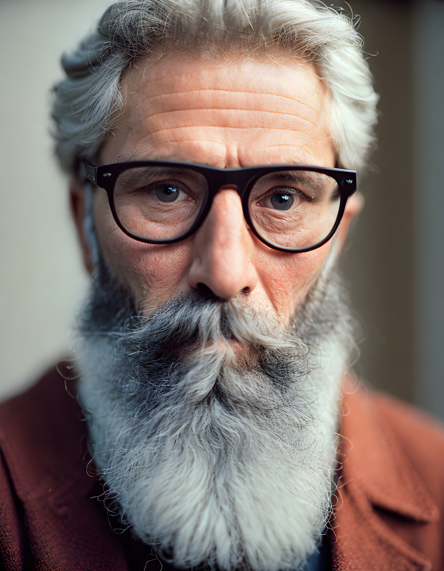 Elderly man with gray beard and glasses in brown suit jacket