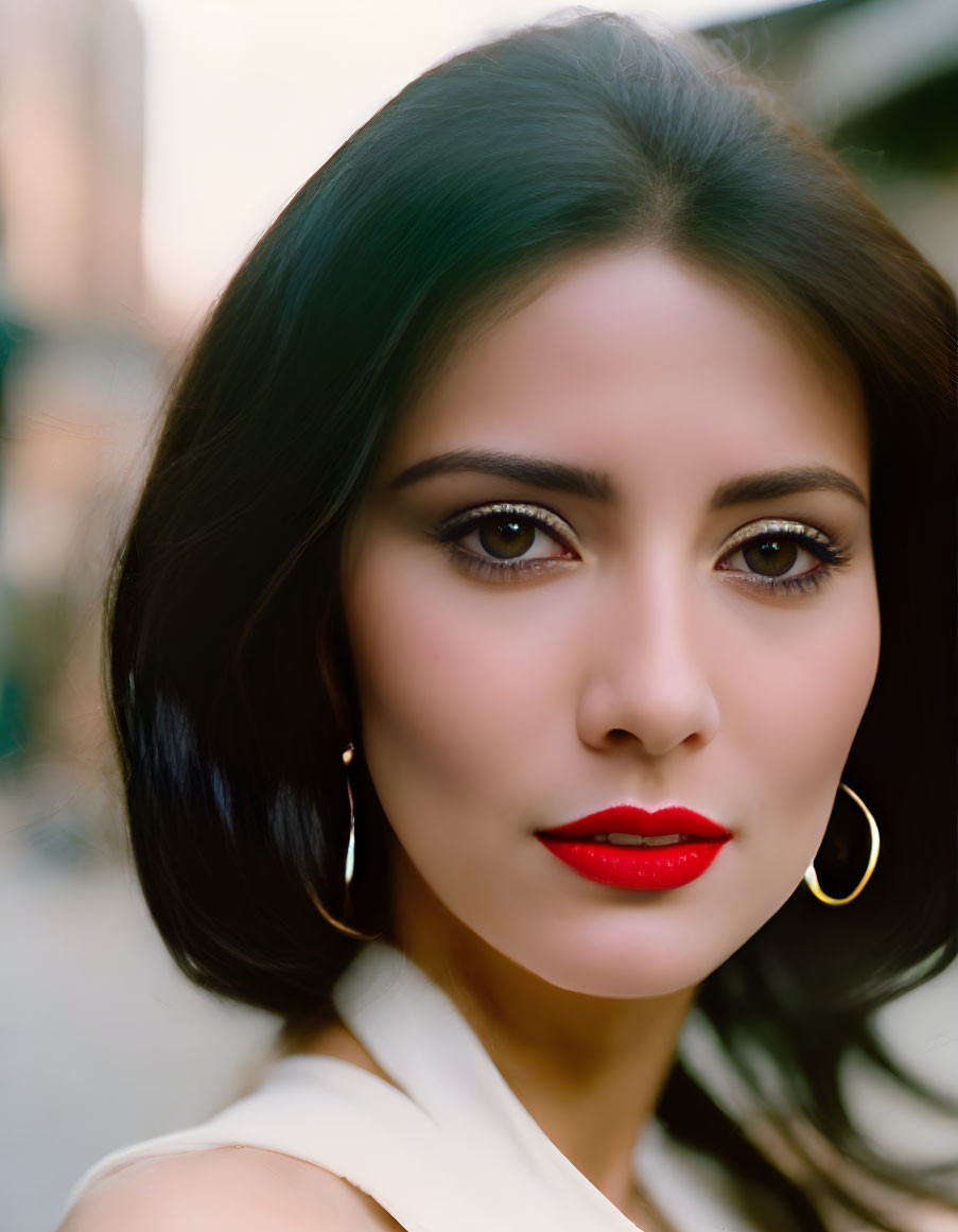 Dark-haired woman with red lipstick and hoop earrings in city backdrop