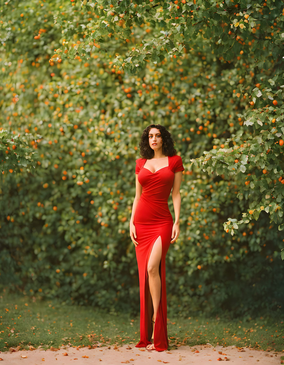 Confident woman in red dress surrounded by greenery and fruit trees