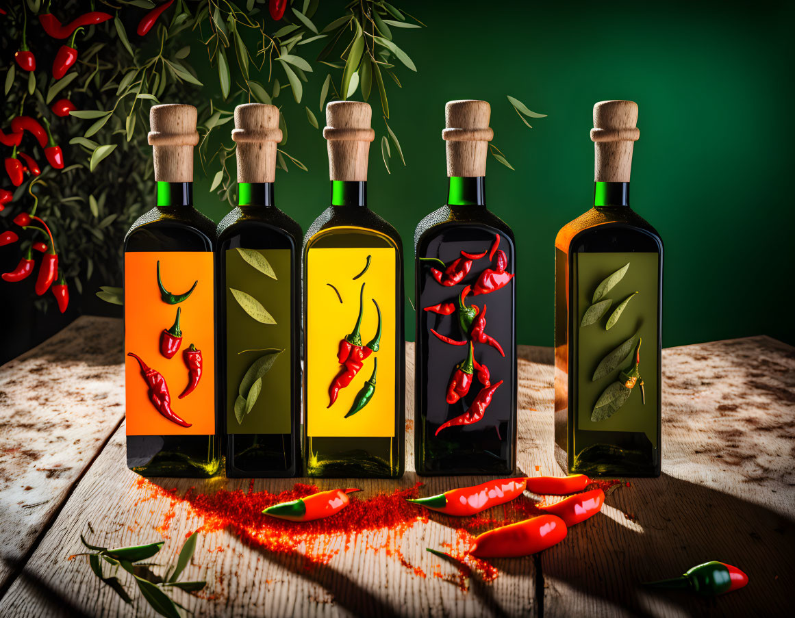 Four Chili Pepper and Herb Olive Oil Bottles on Wooden Surface with Scattered Peppers and Olive Branch