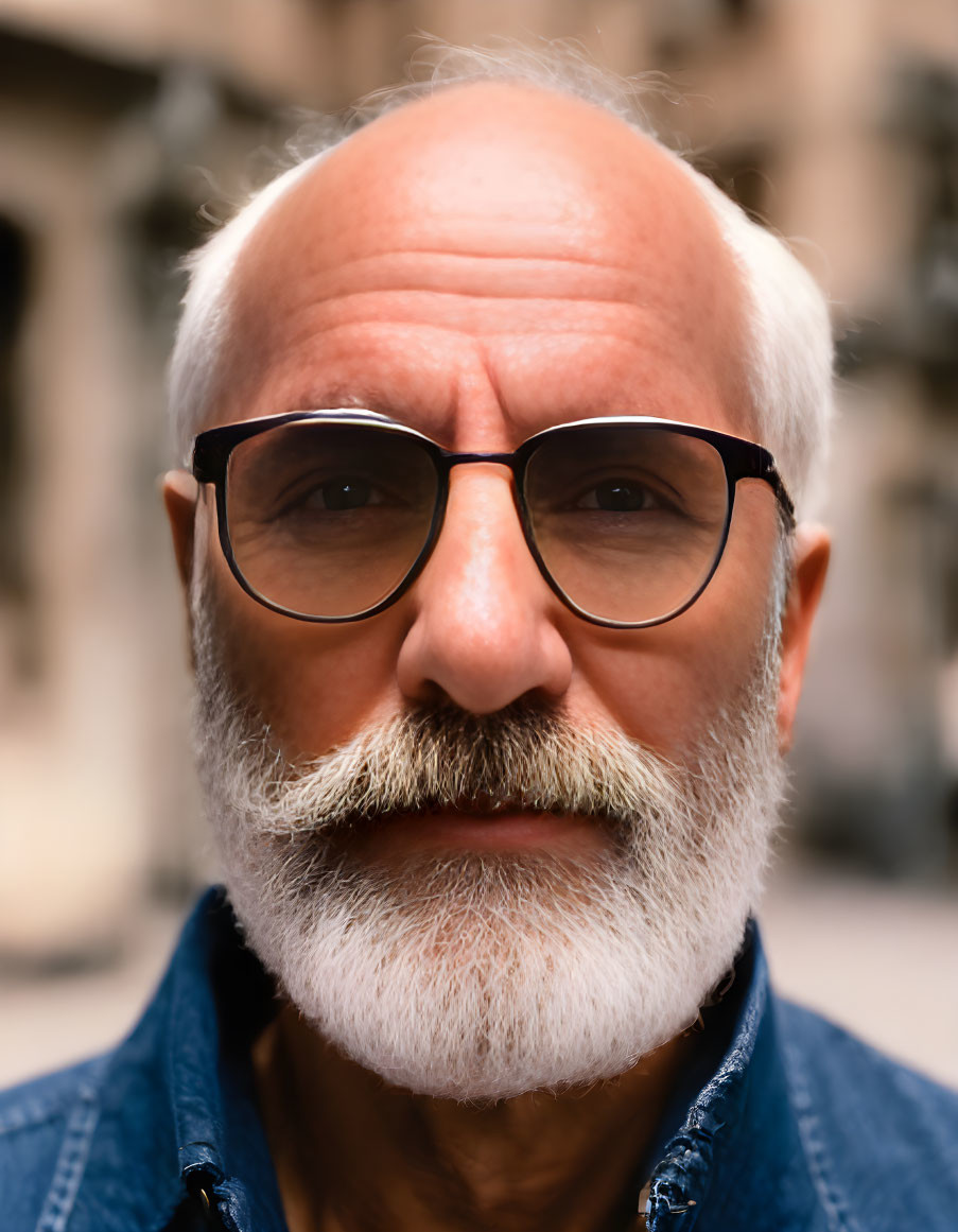 Elderly man with white beard and glasses in blue shirt