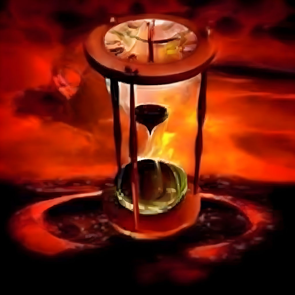 Hourglass with sand pouring against fiery lava backdrop