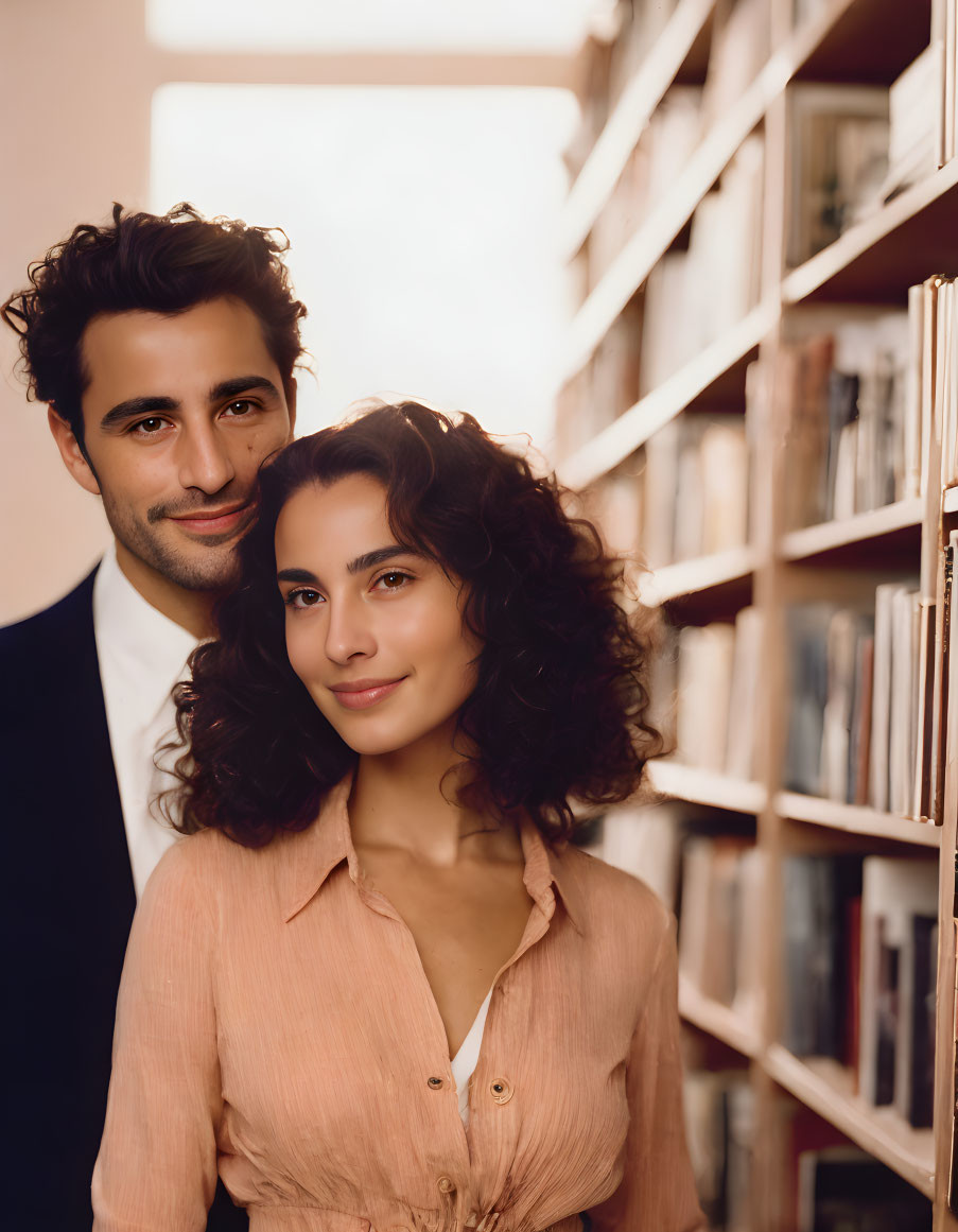 Smiling couple embracing in library setting