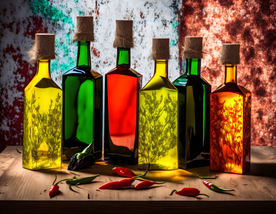 Vibrant Backlit Bottles with Herbs and Peppers on Rustic Background