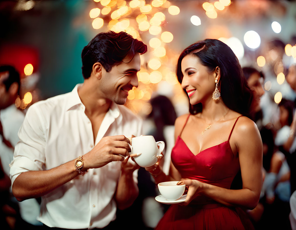 Couple at festive party with coffee cups and twinkling lights