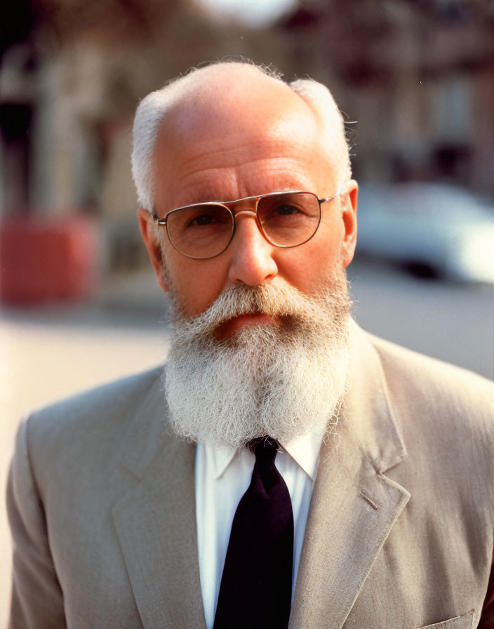 Elderly Man with White Beard and Glasses in Beige Suit Outdoors