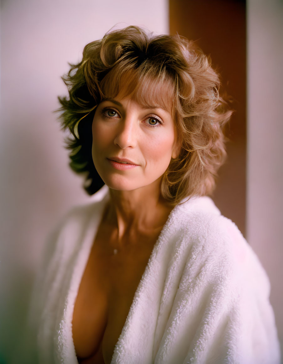 Curly-Haired Woman in White Bathrobe Smiling on Blurred Background