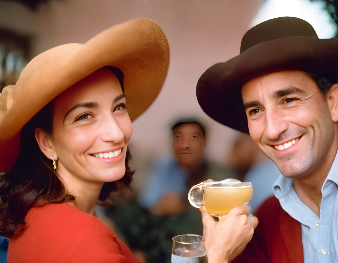 Smiling man and woman in wide-brimmed hats toast with drinks