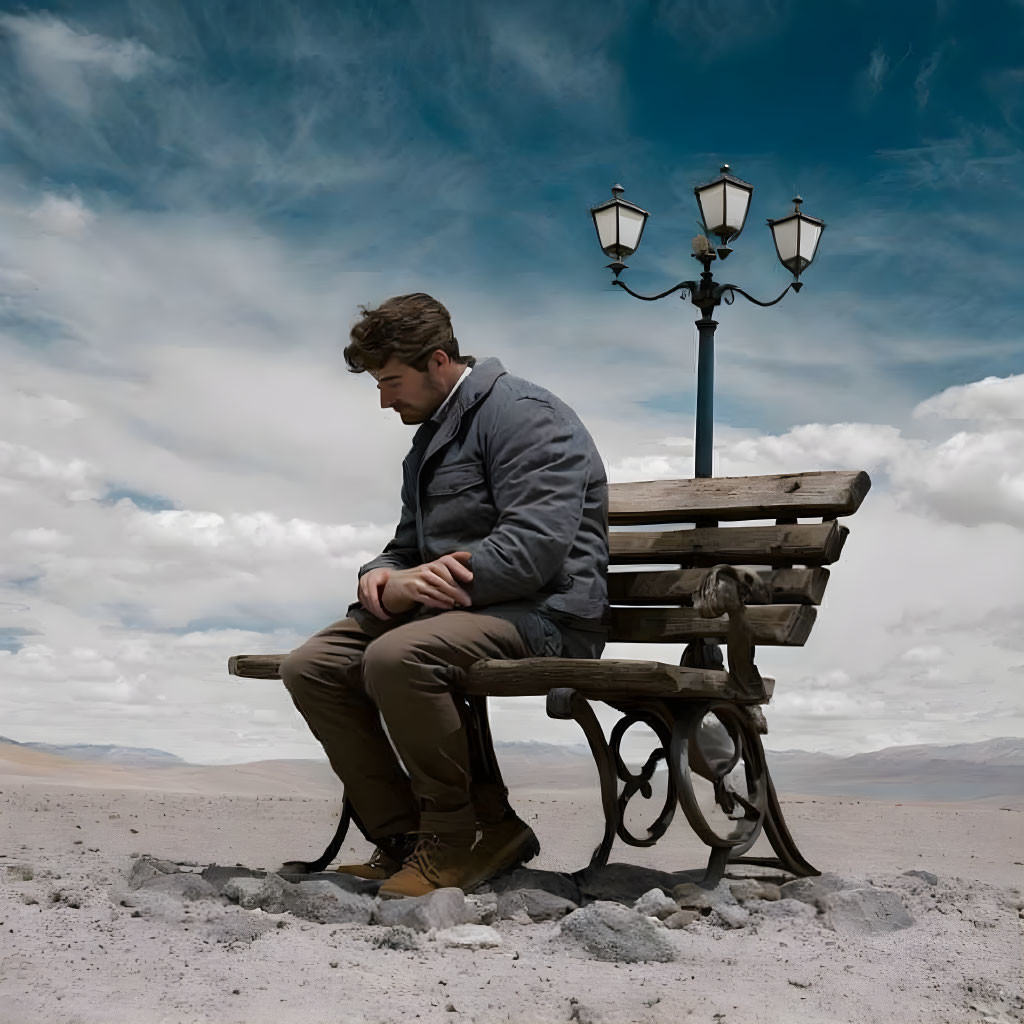 Man sitting on wooden bench under dramatic cloudy sky with streetlight