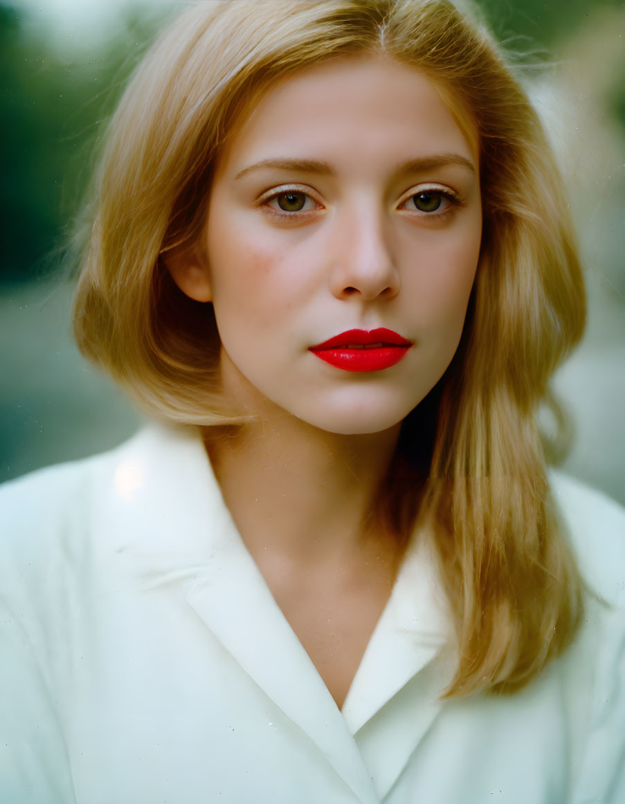 Blonde Woman with Red Lipstick and White Top Portrait