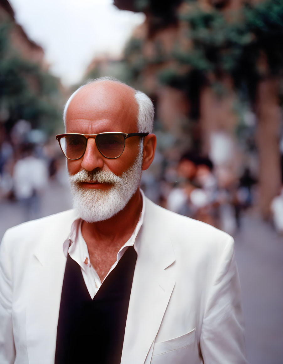 Elderly man in white suit with beard and glasses on street.