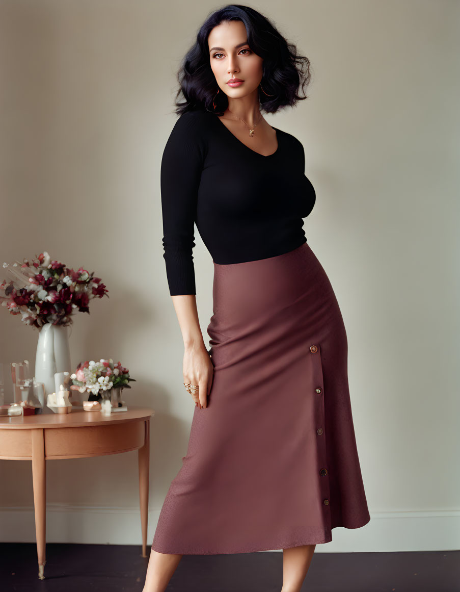 Fashionable Woman in Black Top and Mauve Skirt with Floral Background