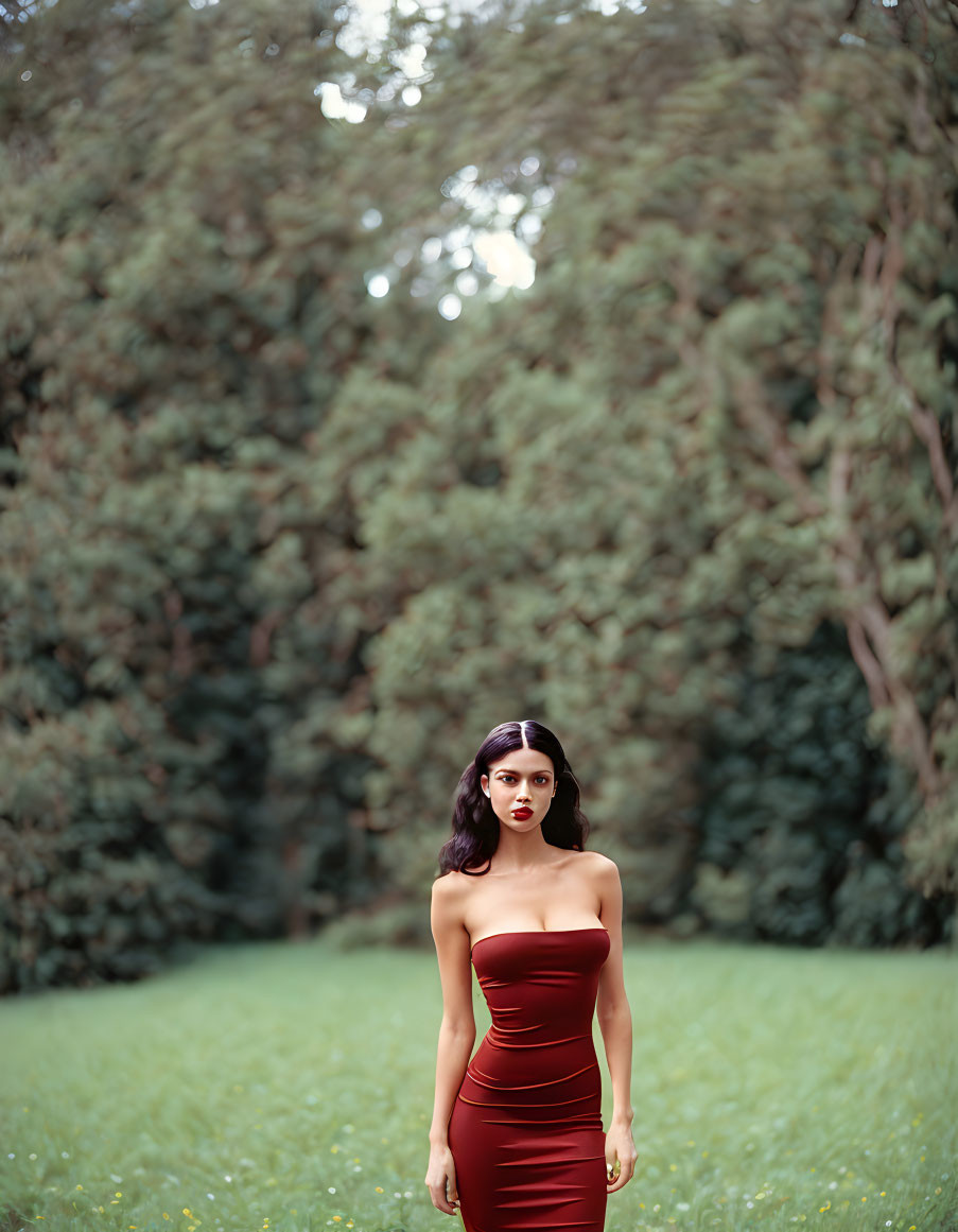 Dark-Haired Woman in Elegant Red Gown in Lush Green Garden