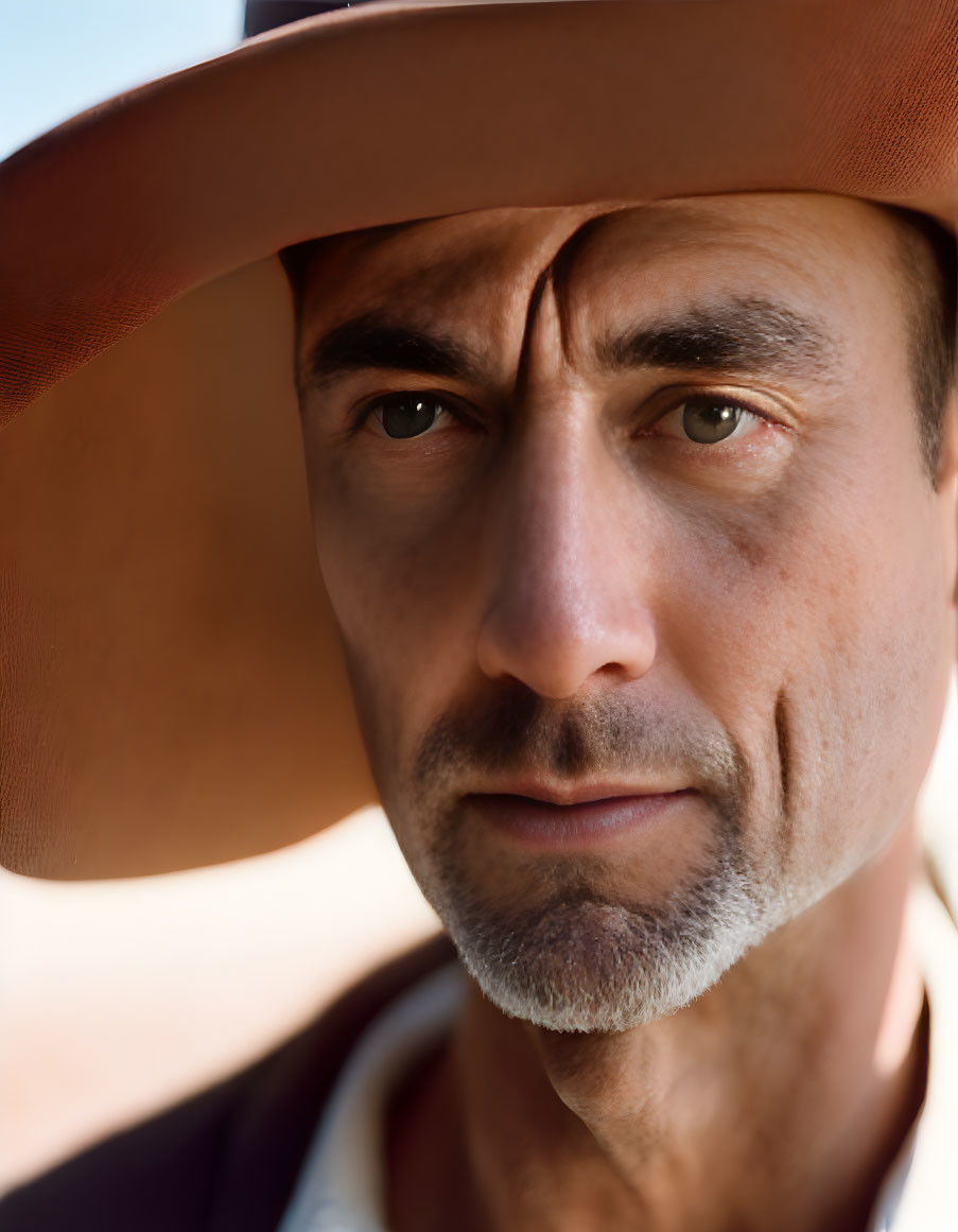 Pensive man in large-brimmed hat with focused gaze and beard stubble.