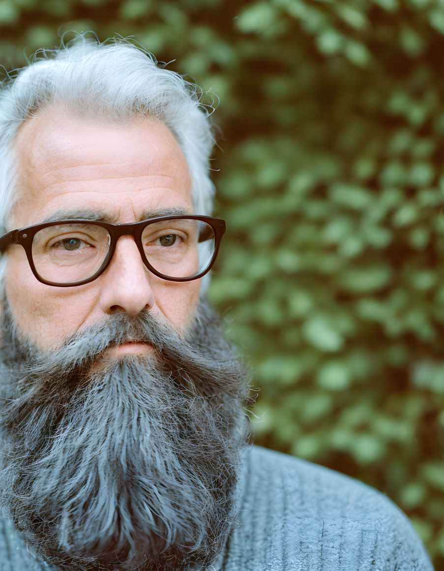 Elderly man with grey beard and glasses in sweater against leafy backdrop