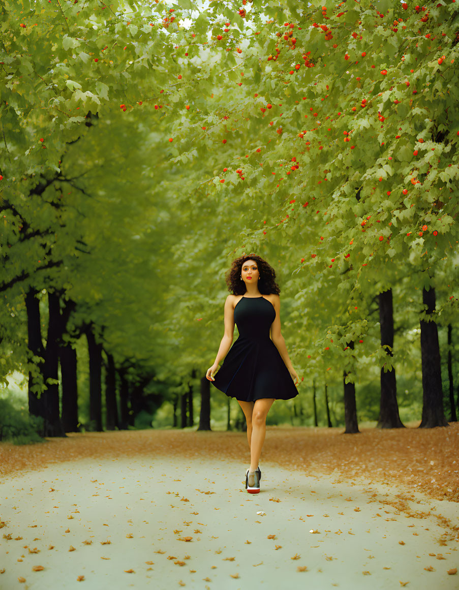 Woman in Black Dress Walking on Tree-Lined Path with Red Blossoms