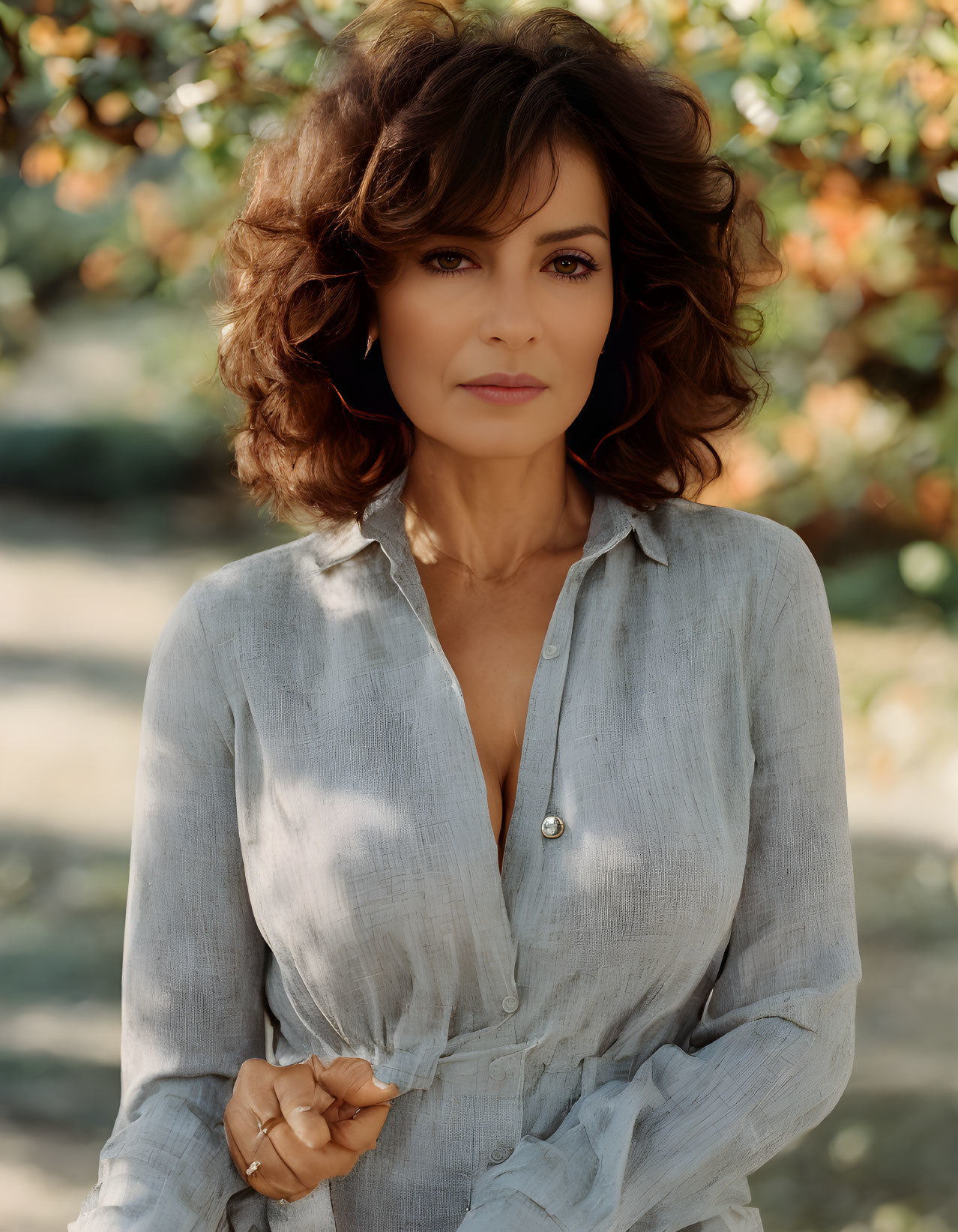 Medium-Length Curly-Haired Woman Outdoors in Blue Button-Up Shirt