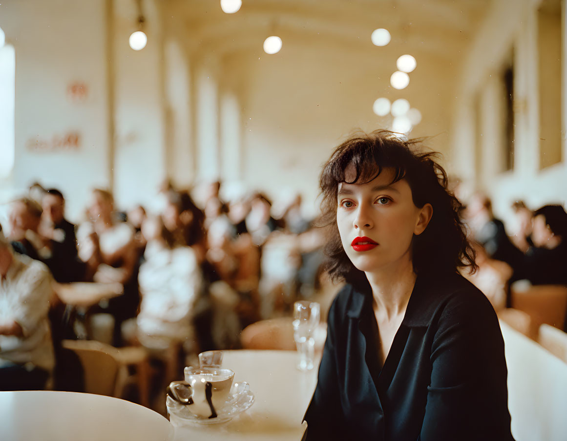 Woman with Red Lipstick and Short Hair Sitting at Café Table with Coffee Cup