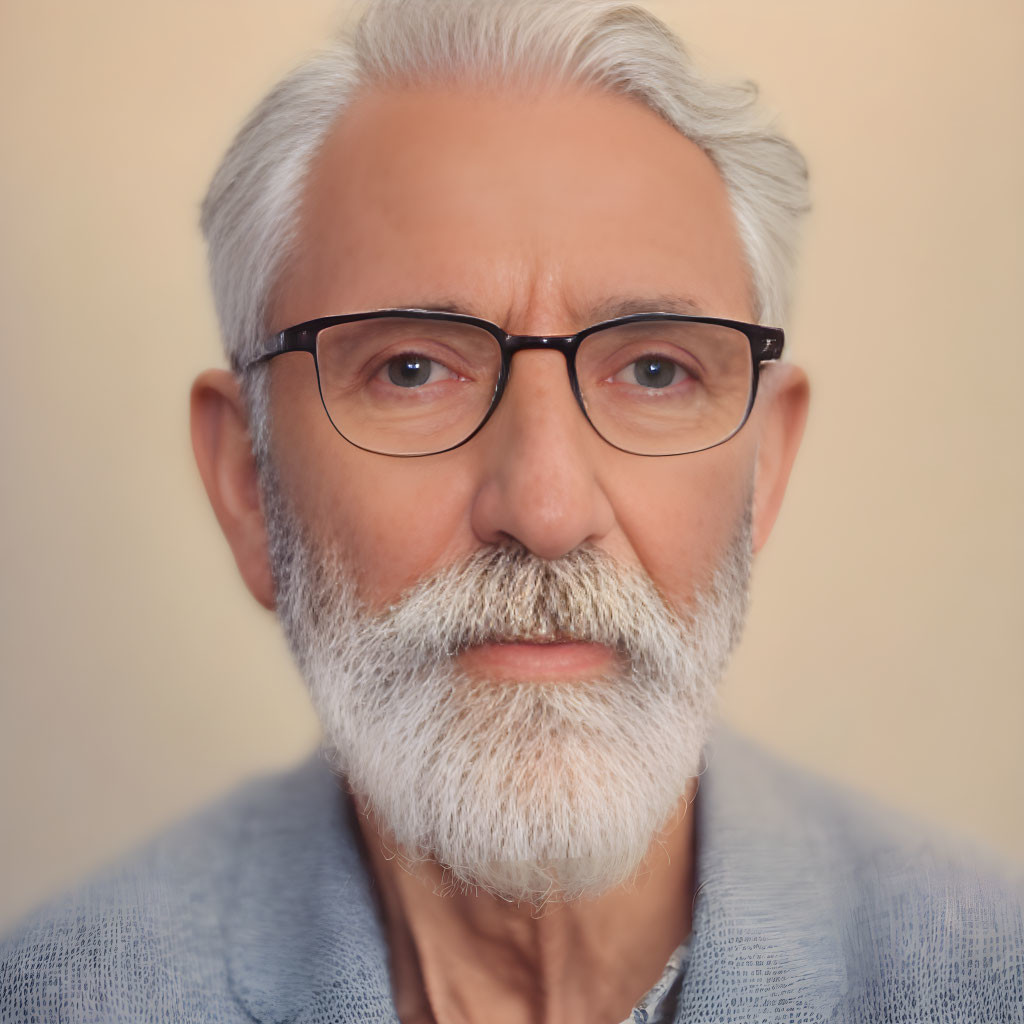 Elderly man with white beard and glasses in blue shirt