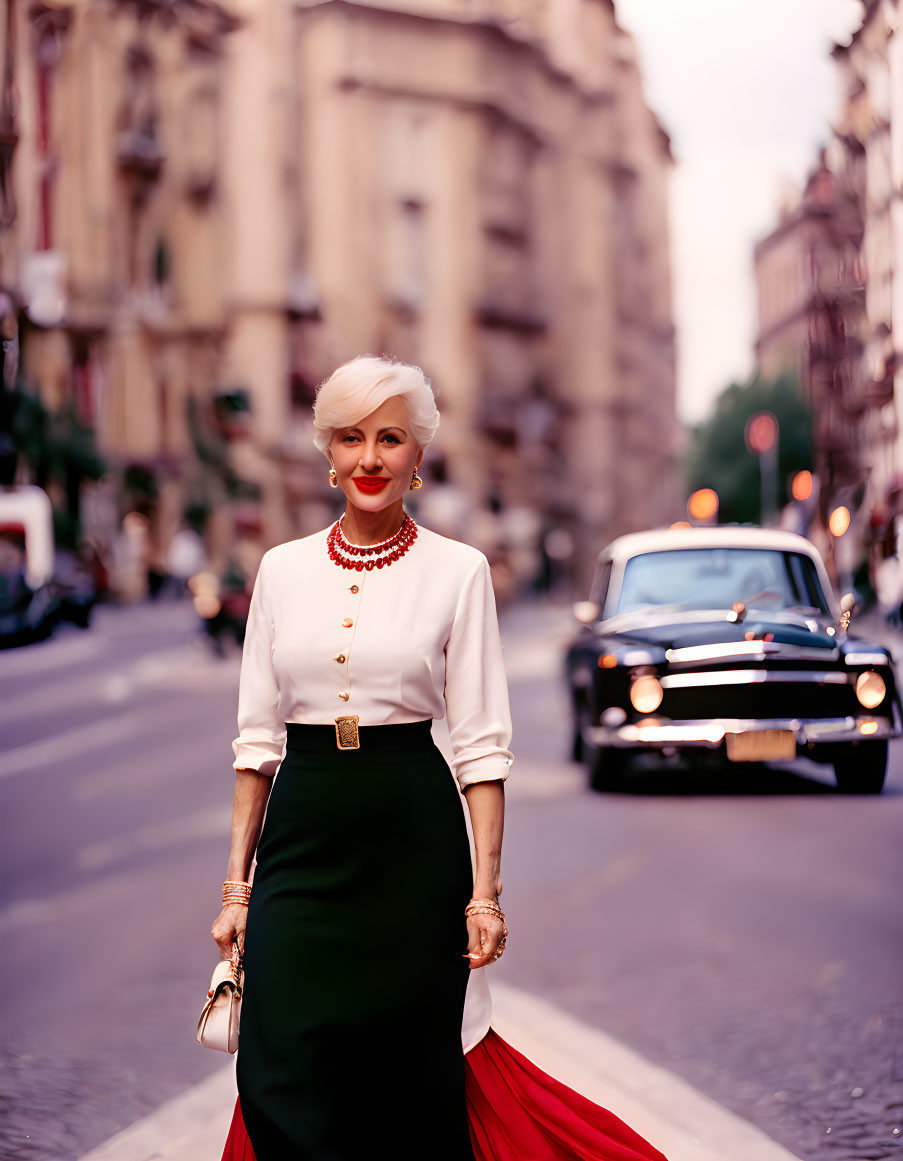 Vintage attire: Elegant woman in white blouse, green skirt, red scarf, pearls, standing on city