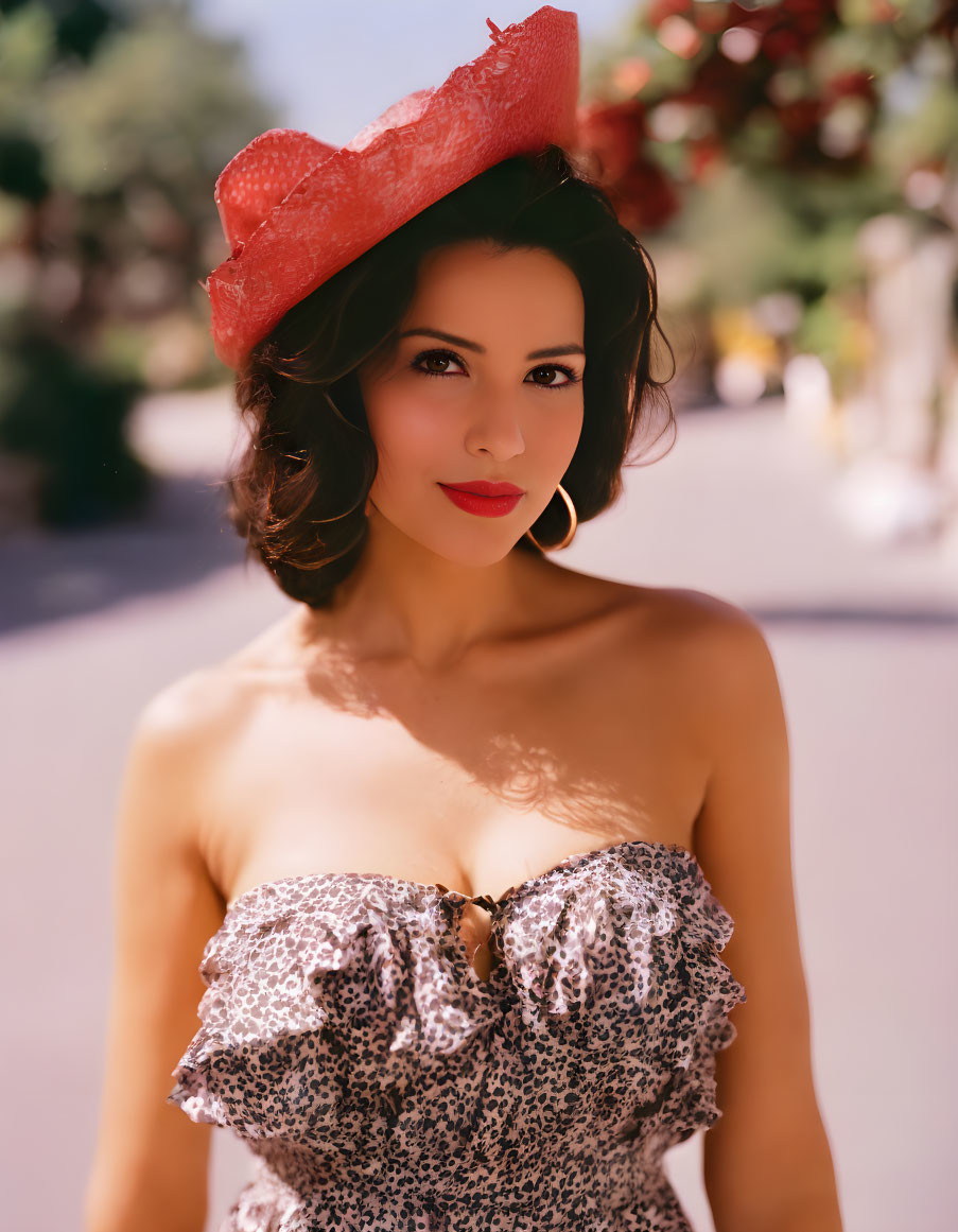 Confident woman in red hat and hoop earrings in leopard print top under sunny background