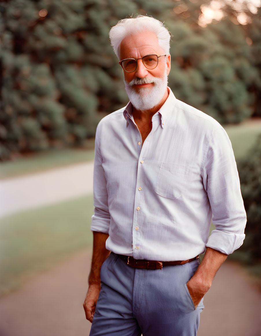 Elderly man with white hair and beard in blue shirt outdoors