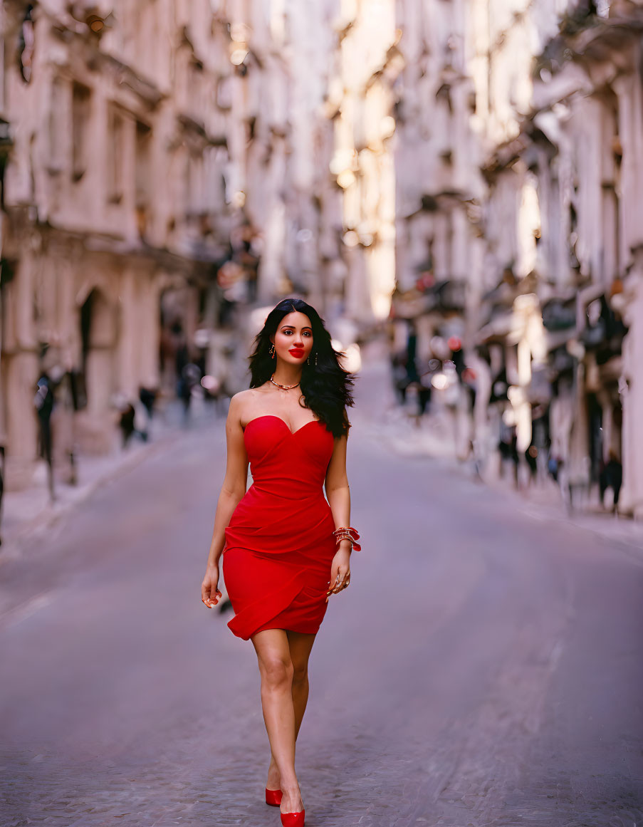 Woman in Red Strapless Dress Walking on Cobblestone Street